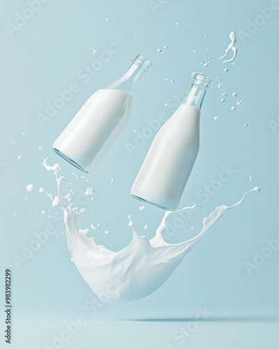 creative milk splash with two floating bottles on blue background photo