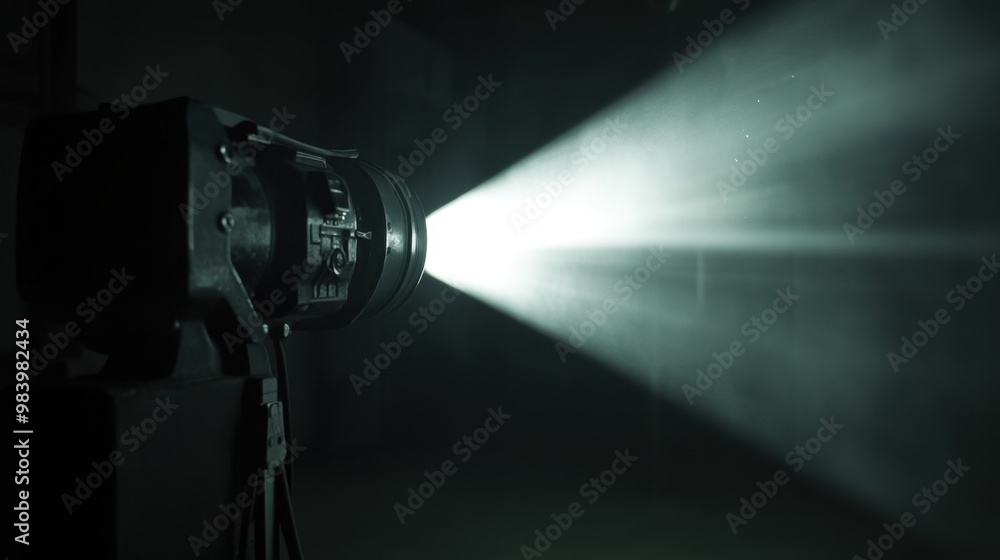 Film projector casting a beam of light in a dark room representing a cinematic experience or movie screening Film projector casting a beam of light in a dark room representing a cinematic experience or movie screening