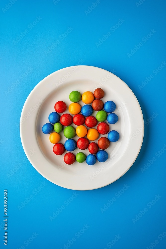 Colorful candies on a white plate against a blue background Colorful candies on a white plate against a blue background