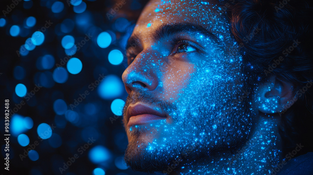 Man Staring at Glowing Neon Network Nodes in Dark Blue Background, AI Concept, Portrait Side View Man Staring at Glowing Neon Network Nodes in Dark Blue Background, AI Concept, Portrait Side View