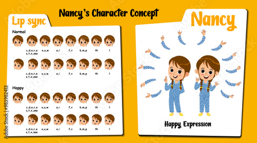 A cute girl cartoon character AKA nancy in night dress with happy face expressions and lip sync. Set of cute girl with various hand gesture and front and 1/3 standing pose.