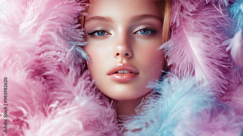 Woman's Face Framed by Pink and Blue Feathers Woman's Face Framed by Pink and Blue Feathers