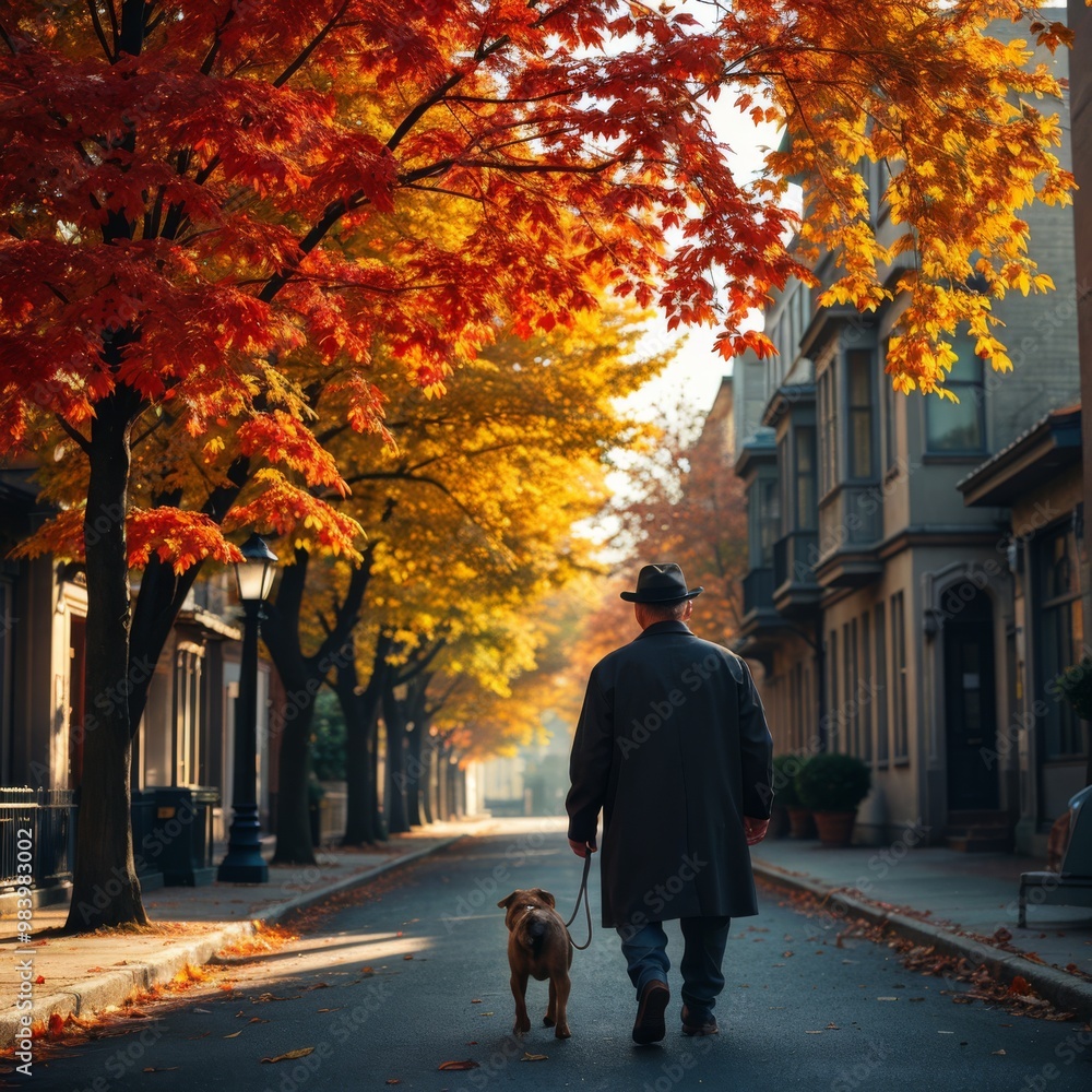 Autumn Stroll with Dog and Owner Autumn Stroll with Dog and Owner