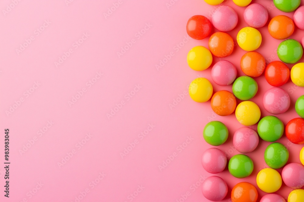 Obraz premium Colorful Skittles candies on a pink background 