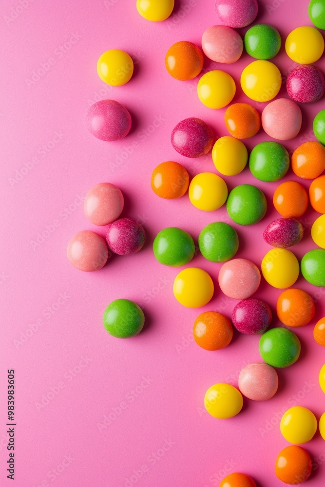 Obraz premium Colorful Skittles candies on a pink background 