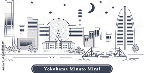 Yokohama Minatomirai 横浜みなとみらい｜ランドマークタワーや赤レンガ倉庫など…おしゃれなベイエリア横浜みなとみらいの街並み線画イラスト