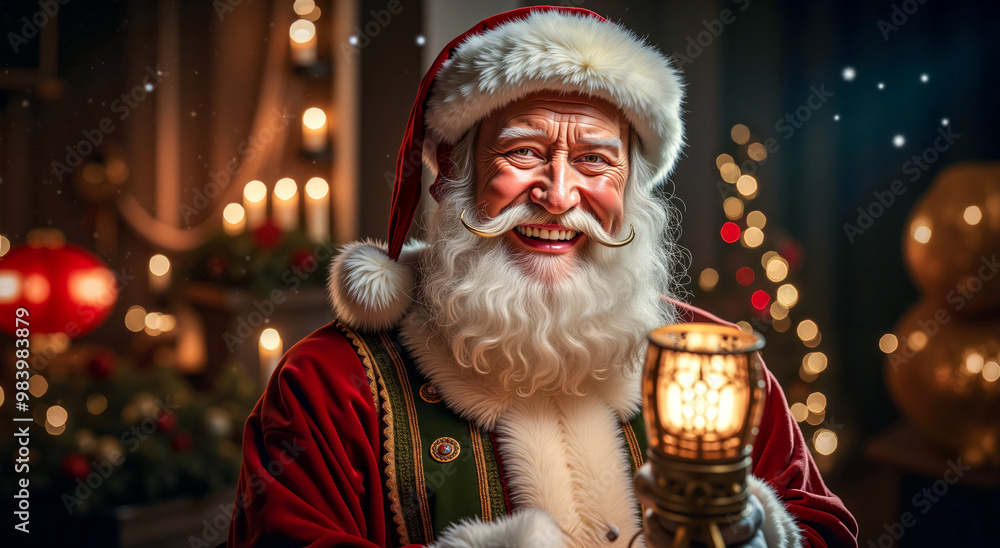 A man dressed as Santa Claus holding a lantern in his hand A man dressed as Santa Claus holding a lantern in his hand