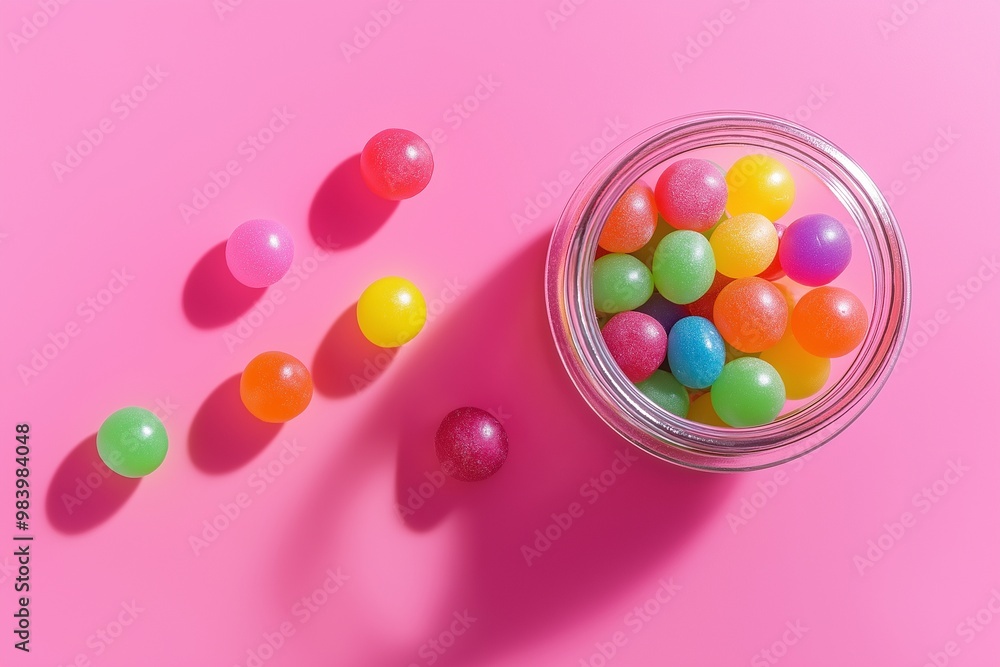 Colorful candies spilling out of an open jar on a pink background Colorful candies spilling out of an open jar on a pink background