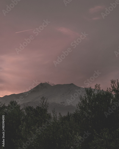 pink sky over the volcano Etna