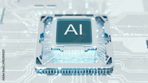 CPU connection with motherboard. AI accelerated microchip connecting with white PCB. Chip activates circuit board. Semiconductor metle surface.
