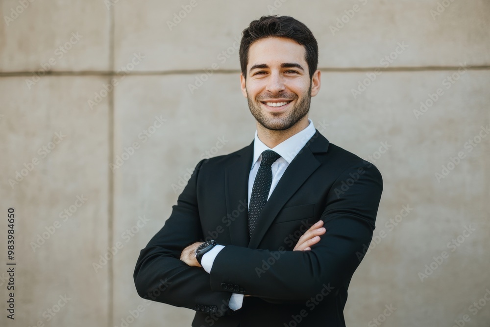 A professional man dressed in a black suit with his arms crossed, smiling confidently A professional man dressed in a black suit with his arms crossed, smiling confidently