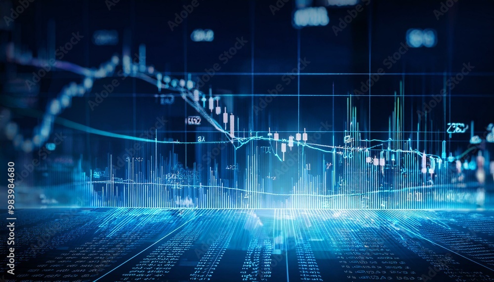 Concept of stock market and fintech forex concept. Blurry blue digital charts over dark blue background. Futuristic financial interface Concept of stock market and fintech forex concept. Blurry blue digital charts over dark blue background. Futuristic financial interface