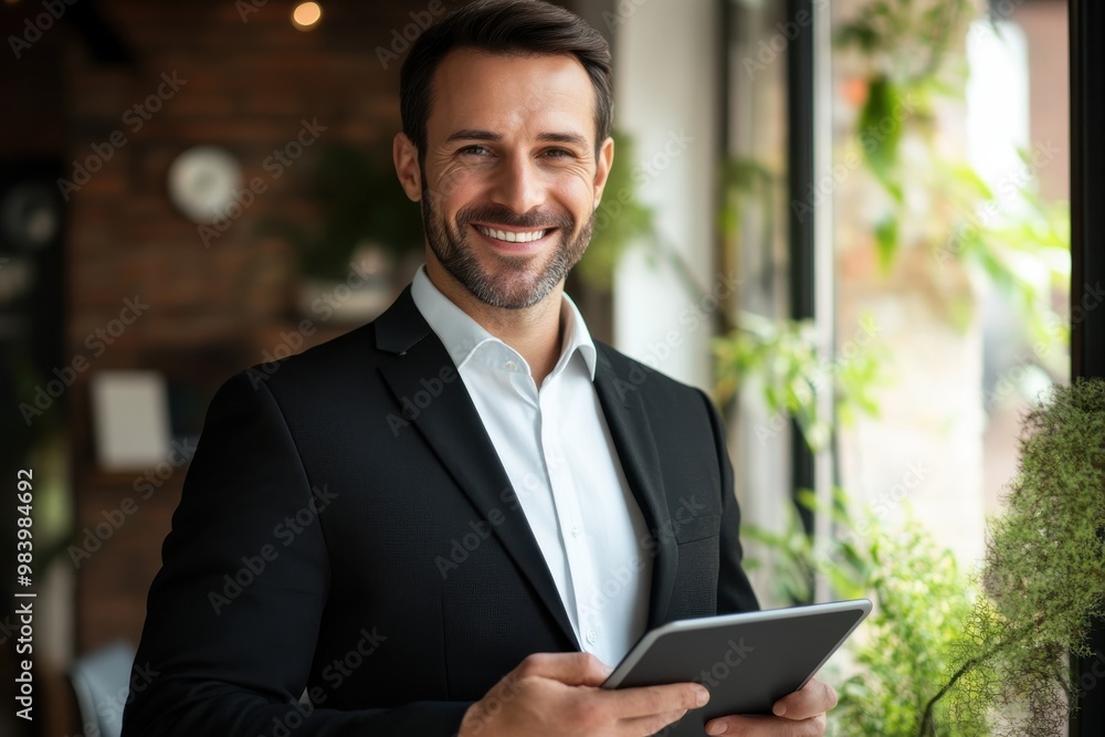 A professional man in a sleek black suit, smiling while holding a tablet A professional man in a sleek black suit, smiling while holding a tablet