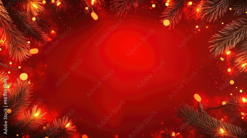 Red Christmas or New year frame as copyspace background with shimmering golden lights and fir tree branches Red Christmas or New year frame as copyspace background with shimmering golden lights and fir tree branches