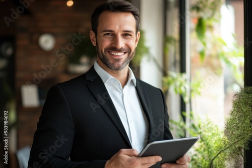 A professional man in a sleek black suit, smiling while holding a tablet