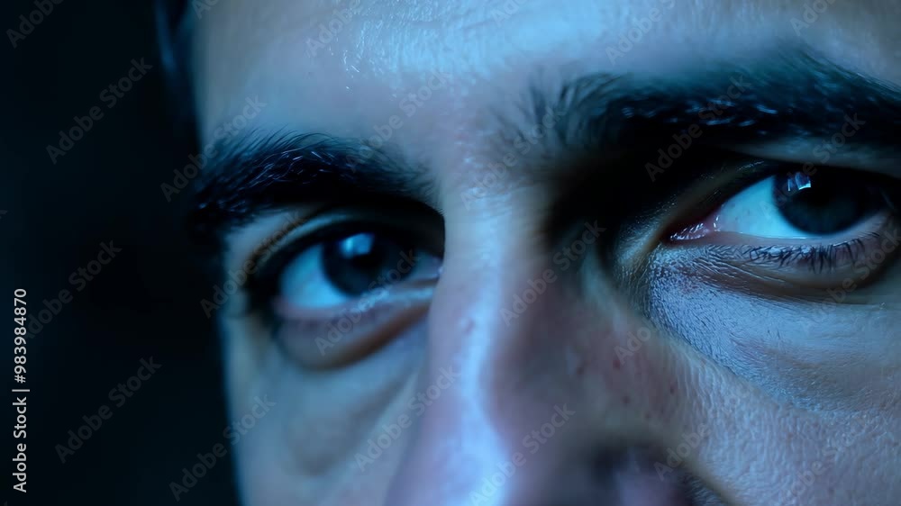 Intense close-up of eyes highlighted by blue light mood Intense close-up of eyes highlighted by blue light mood