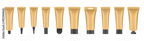 Set of gold cosmetic tubes with black caps. Closed blank tubes with caps. Realistic mockup. Long nozzle tube. for ointment or salve. Gel serum. Korean packaging. Lip gloss. Toothpaste. Hand cream