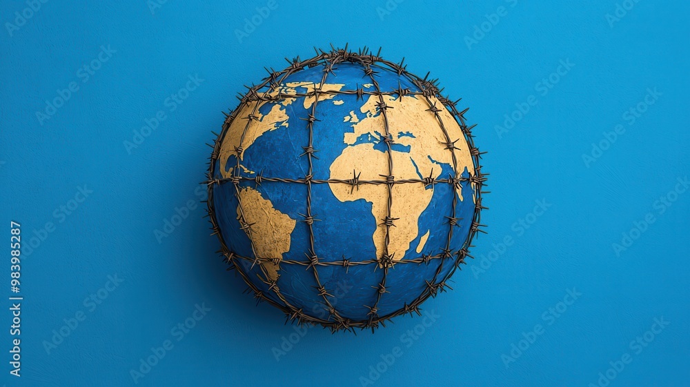 Fototapeta premium Globe with thorny design, blue isolated background