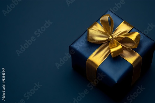 A blue box with gold ribbon on top of it