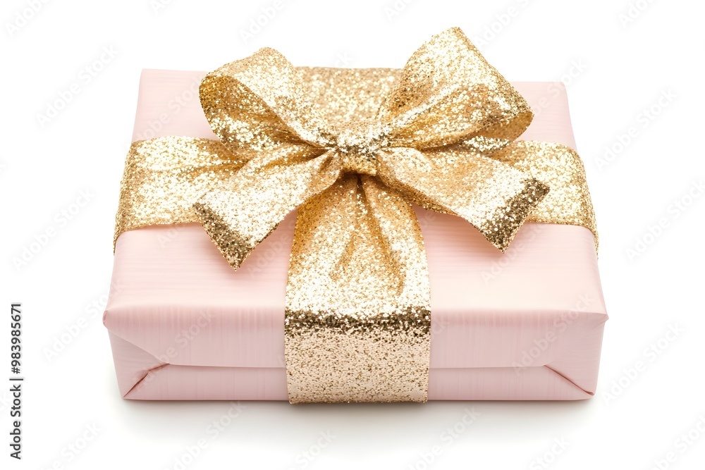 A pink box with gold ribbon and glittery bow on top A pink box with gold ribbon and glittery bow on top