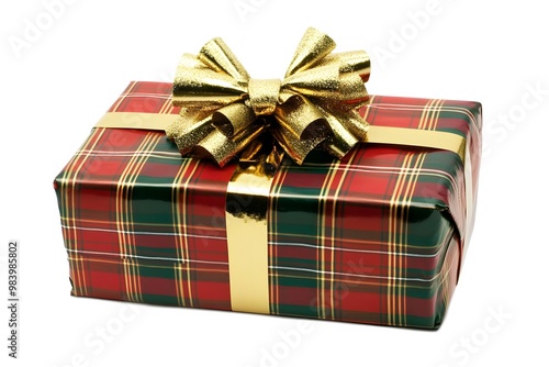 A red and green plaid box with a gold bow on top