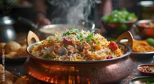 Steaming Rice Dish in a Blue Metal Bowl with Green Herbs