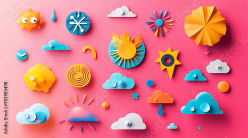 A visual of vibrant weather icons with a playful arrangement and bright colors.