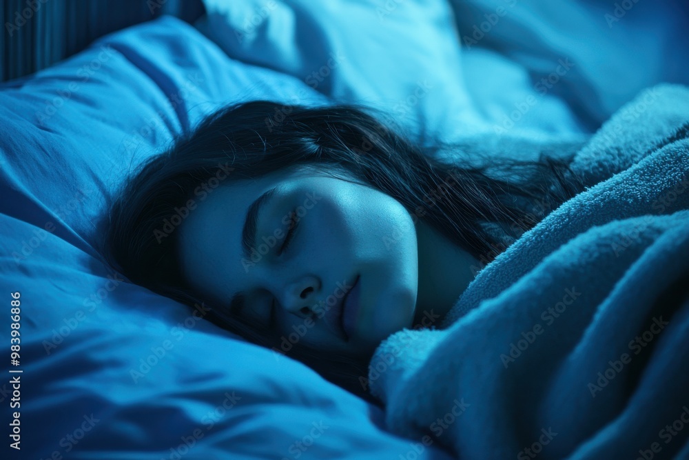 A serene image of a woman sleeping soundly in a comfortable, cozy bed with soft blue lighting A serene image of a woman sleeping soundly in a comfortable, cozy bed with soft blue lighting