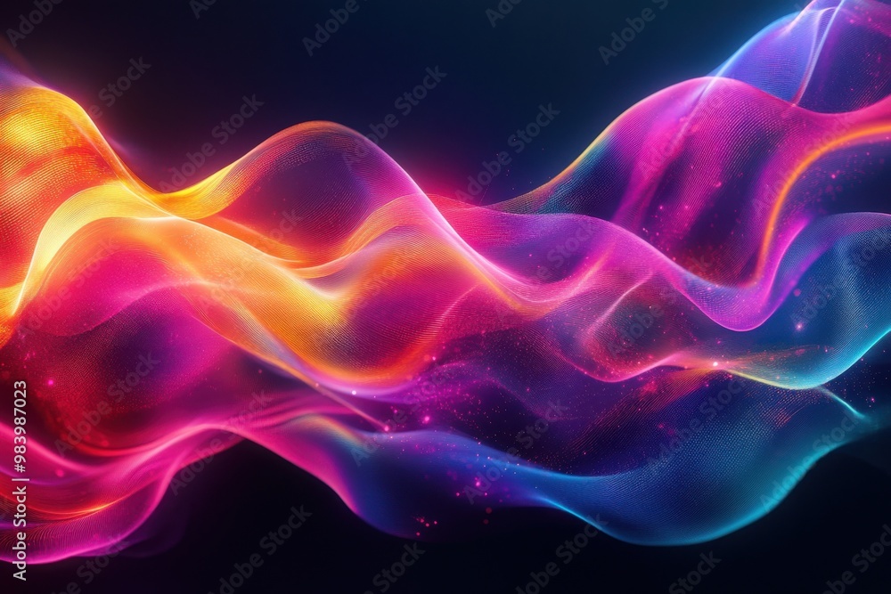 A series of colorful, glowing waves in hues of pink, purple, yellow and blue flow across a dark background A series of colorful, glowing waves in hues of pink, purple, yellow and blue flow across a dark background