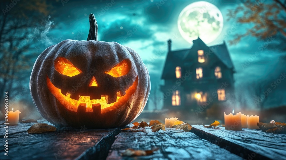 Halloween pumpkin with candlelight in front of a haunted house background, Halloween pumpkin with candlelight in front of a haunted house background,