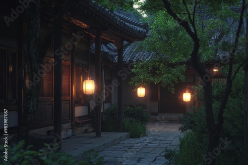 A Serene Temple With Intricate Architecture And Softly Glowing Lanterns, Creating A Warm And Cozy Ambiance In The Twilight. Cozy, Generative AI