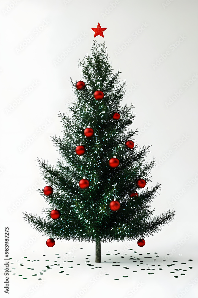 Obraz premium White background with green confetti and red baubles on a small Christmas tree