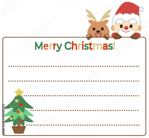クリスマスをイメージした笑顔で覗き込むかわいいサンタとトナカイのフレームイラスト