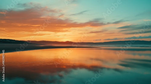 Golden and orange hues blend across the sky in a mesmerizing sunset, casting colorful reflections on the horizon and capturing the tranquil beauty of twilight