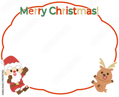 クリスマスをイメージしたかわいいサンタとトナカイのシンプルなフレームイラスト