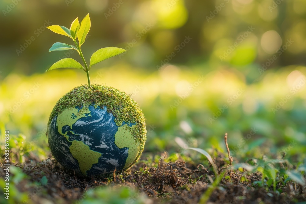 A small, moss-covered Earth globe with a green plant sprouting from the top A small, moss-covered Earth globe with a green plant sprouting from the top
