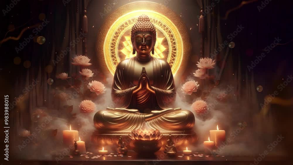 Golden Buddha, light, mandala, dark background, colorful, against the background of flowers and candles. Golden Buddha, light, mandala, dark background, colorful, against the background of flowers and candles.