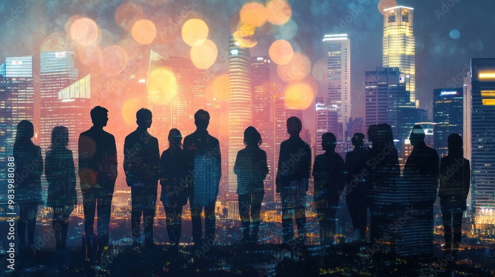 Silhouettes of People Against a Cityscape at Night Silhouettes of People Against a Cityscape at Night