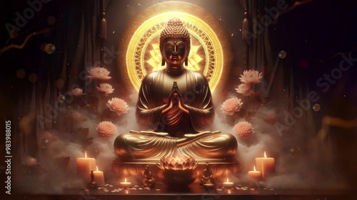 Golden Buddha, light, mandala, dark background, colorful, against the background of flowers and candles.