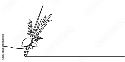 Happy Sukkot simple web banner, background.One continuous line drawing of lemon and green brunches with text Happy Sukkot, Happy Sukkot. One line continuous line drawing of traditional symbols