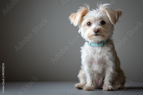 A small, fluffy white dog with soft ears and a pastel blue collar sits calmly against a light gray background in a studio.