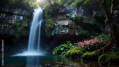 In a world of fantasy and magic, a waterfall of pure enchantment flows down a shimmering, iridescent rockface. The dreamlike setting is brought to life by the mystical atmosphere, creating a mesmerizi photo