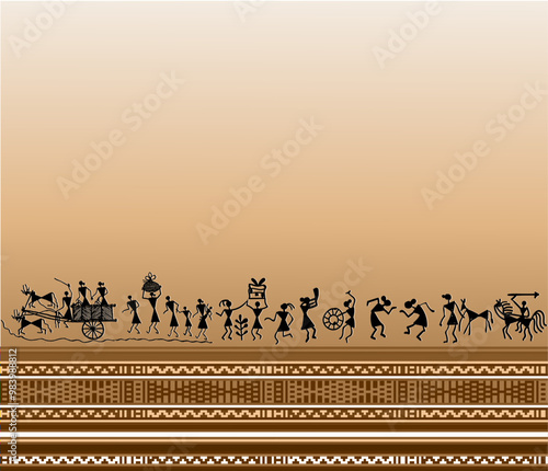 Warli or tribal art vector illustration with border for textile or interior decor.
