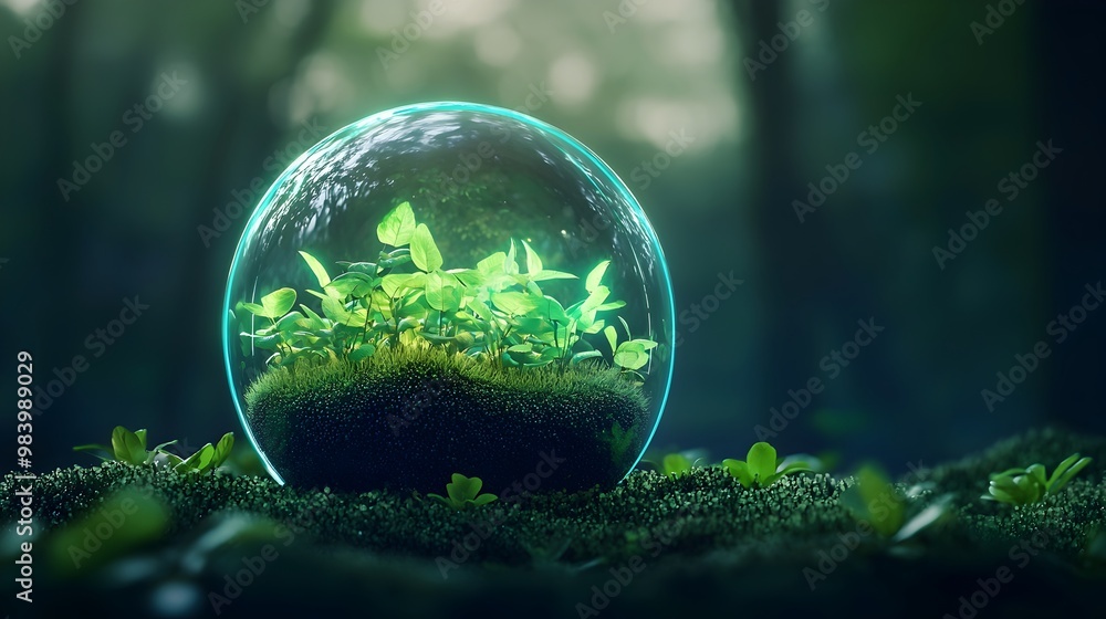 Glowing Biosphere Globe with Neon-Lit Futuristic Green Plants and Technology Glowing Biosphere Globe with Neon-Lit Futuristic Green Plants and Technology