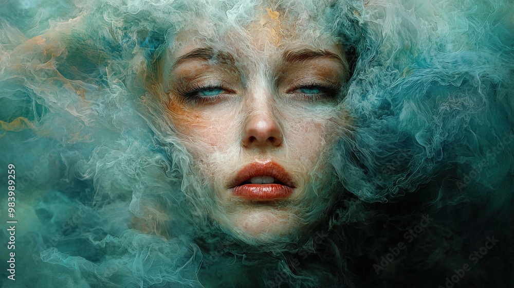An evocative abstract image of a woman face, corroding under a veil of dark, swirling colors. Her once-defined features blur and break apart, embodying the profound impact of depression and the An evocative abstract image of a woman face, corroding under a veil of dark, swirling colors. Her once-defined features blur and break apart, embodying the profound impact of depression and the