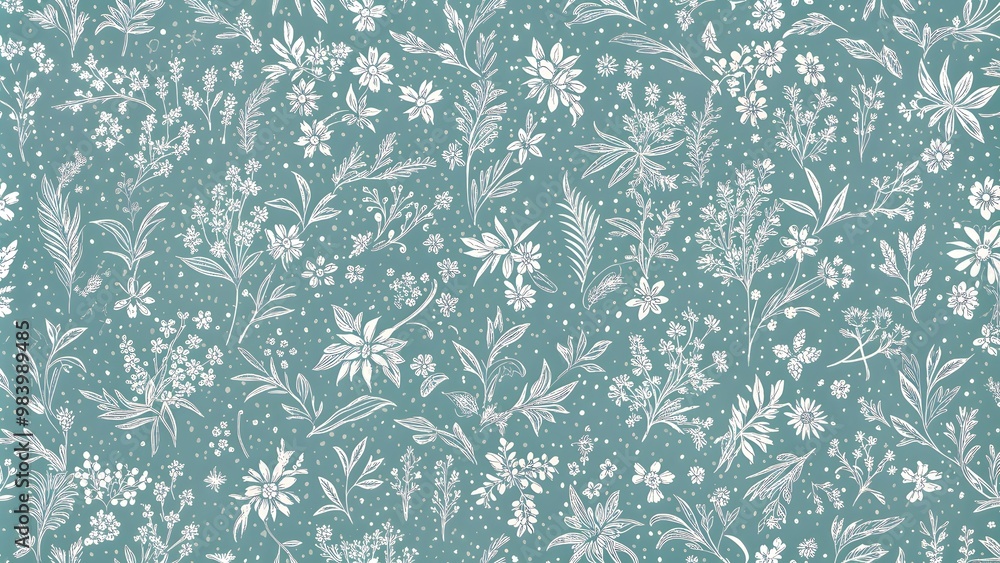 Seamless doodle botanicals pattern in a winter color palette of pale dusty blue and white. Seamless botanical pattern in pastel blue and white. All over abstract floral print Seamless doodle botanicals pattern in a winter color palette of pale dusty blue and white. Seamless botanical pattern in pastel blue and white. All over abstract floral print