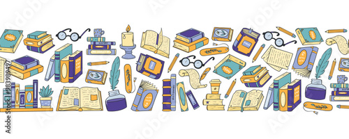 Reading, books doodles horizontal banner for prints, cards, social media decor, templates. World book day, library, education theme. EPS 10