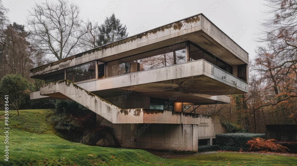 Modern Architectural Concrete Building Surrounded by Autumn Woods Modern Architectural Concrete Building Surrounded by Autumn Woods