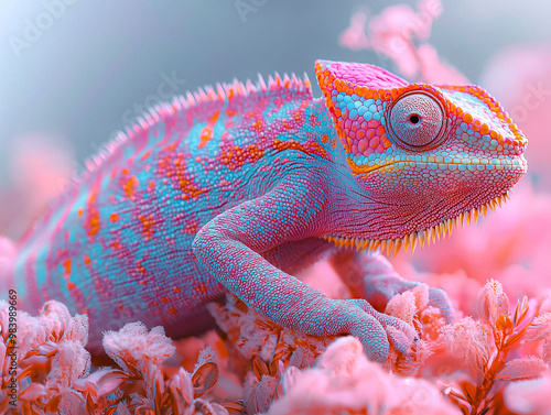 A colorful chameleon is sitting on a bed of pink flowers. AI Generated photo