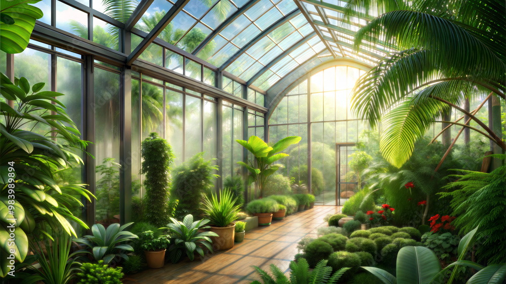 Interior of a glass greenhouse filled with tropical plants, sunlight streaming through the glass ceiling Interior of a glass greenhouse filled with tropical plants, sunlight streaming through the glass ceiling